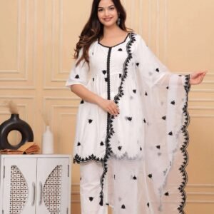 Women's Cotton Embroidery Work Straight Kurti with pant and Dupatta Set