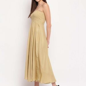 Women's Viscose Rayon Solid Shoulder Straps Sleeveless Flared Gown Drees (Beige)