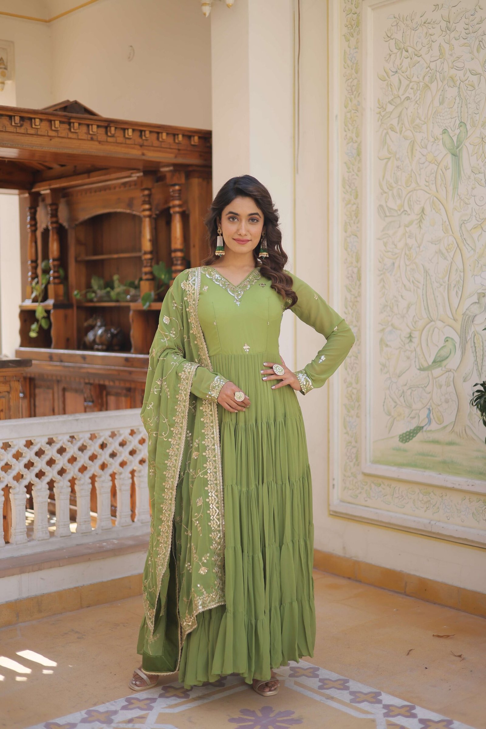 Green Faux Georgette Designer Gown with Sequined Dupatta ? Fully Flared Elegant Ready-to-Wear Set - Image 4