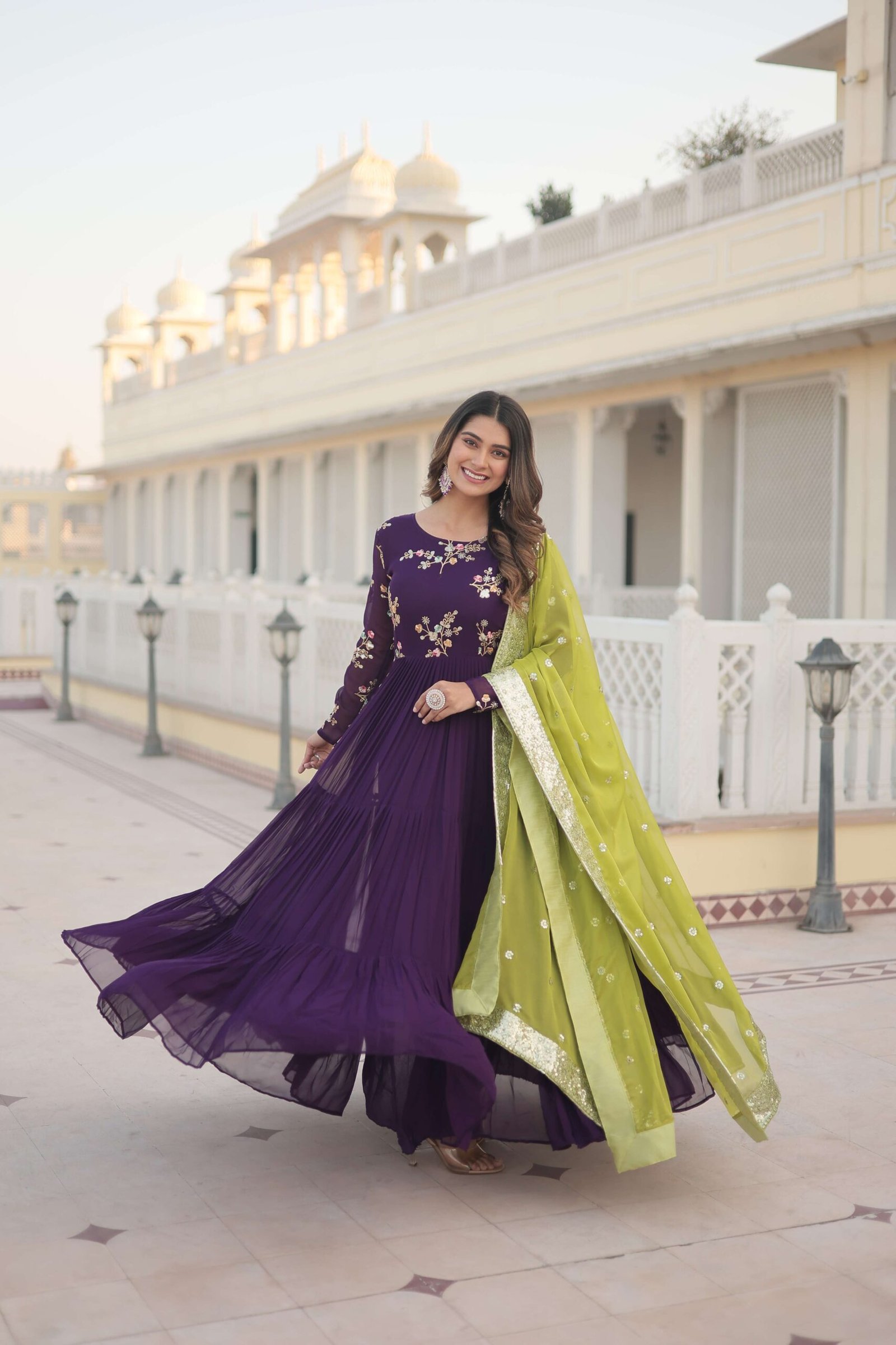 Purple Faux Georgette Designer Gown with Russian Silk Sequined Dupatta ? Elegant Fully Flared Party & Wedding Set - Image 6