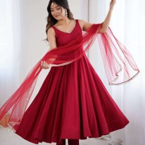 Womens Pure Romansilk Chanderi Anarkali Kurti with Pant & Dupatta Set